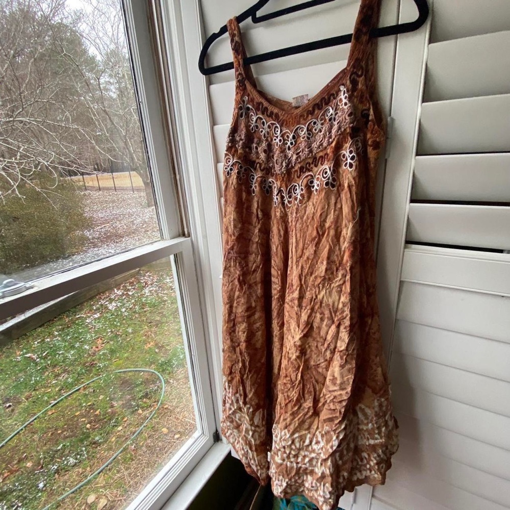 brown boho tie dye acid wash dress embroidered